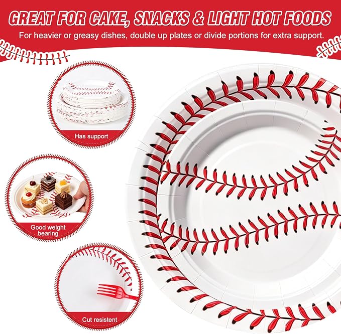 400 Pcs Disposable Baseball Party Tableware Set for 50 Guests | Heavy-Duty 7" & 9" Paper Plates, Cups, 13" Napkins & Plastic Cutlery for Game Day and Birthday Party Supplies