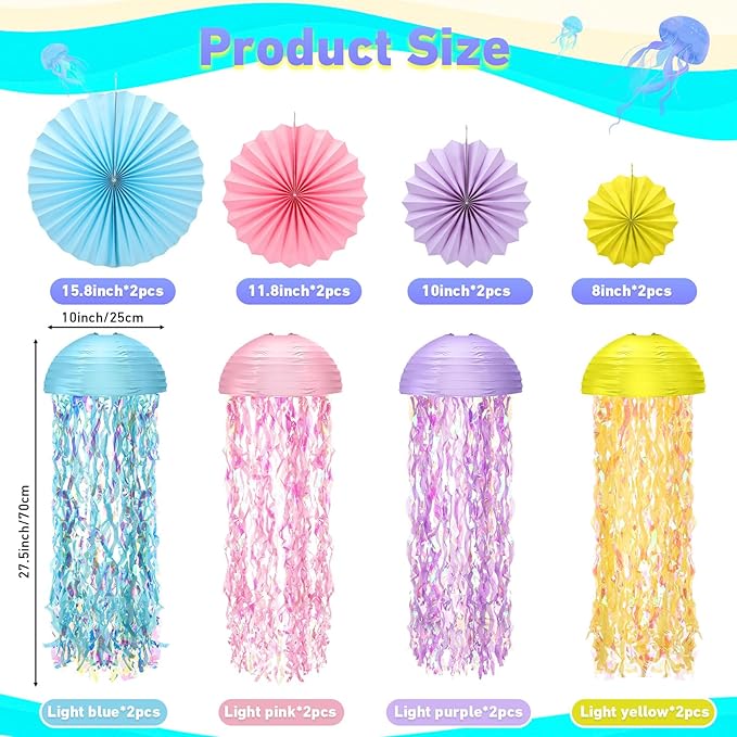 16 Pcs Hanging Jellyfish Paper Lantern Set Includes Jellyfish Lantern Paper Folding Fan Bubble for Mermaid Birthday Sea Ocean Theme Parties Classroom Decorations (Macaron Colors)