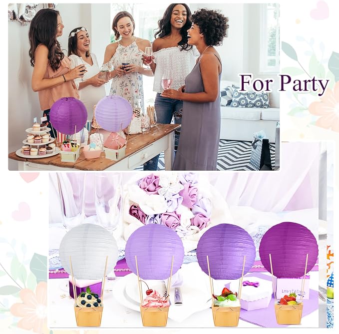 Namalu 24 Set Hot Air Balloon Table Centerpieces Baby Shower Party Decoration Paper Lanterns with Wooden Basket Sticks for Summer Birthday School DIY Craft(White, Purple Series)