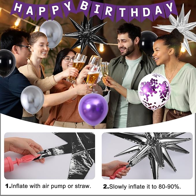 Purple and Black Birthday Decorations for Women Men, Happy Birthday Decorations for Girls Boys Purple Bday Party Decorations Banner, Balloons, Tablecloth Foil Backdrop Star Balloons Bday Party Decor