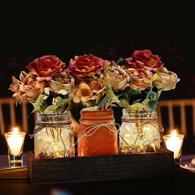 Mason Jar Centerpiece Orange Flower Kitchen Table Decor with Lights | 3 Piece Farmhouse Coffee Table Decor with Fake Flowers Wood Tray for Living Dining Room Bathroom Wedding Outdoor Decoration