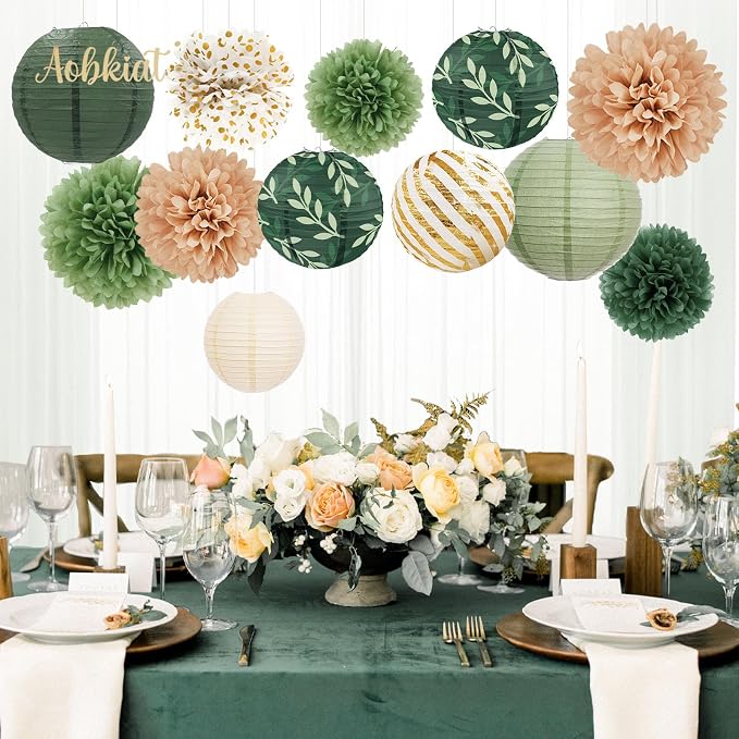 AOBKIAT Wedding Party Decorations Set,12PCS Olive Green Sage Paper Pom Poms Lanterns with Olive Leaf,for Engagement,Baby Shower,Bridal Shower,Boho Party