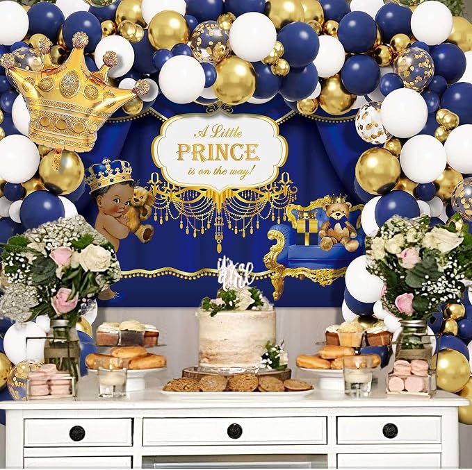 262PCS Royal Prince Baby Shower Decorations, Little Prince Party Supplies, Royal Blue Prince Disposable Dinnerware Set (24 Guest) with Napkins, Backdrop, Balloon Garland Kit, Tablecloth