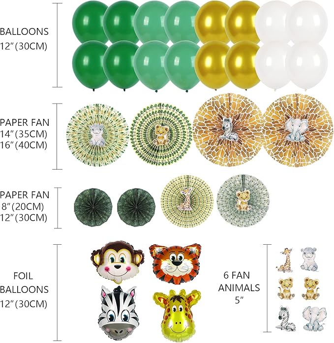 320-Piece Jungle Safari Baby Shower Decorations Kit for Boy or Girl | Gender Neutral Animal Theme Decor with Balloons, Banners, Garland, Fans, Sash, Cake Topper, Games, Stickers, Cutouts, Ivy Vines