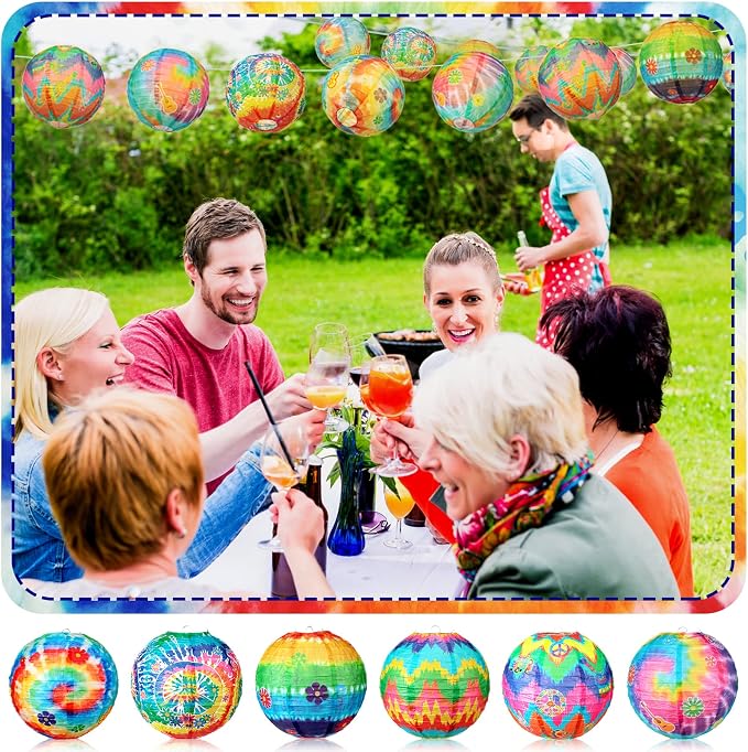 Panelee 12 Pcs Tie Dye Party Decorations Paper Lanterns 8 Inch Hanging Round Hanging Paper Party Decorations for Holiday Indoor Outdoor Supply
