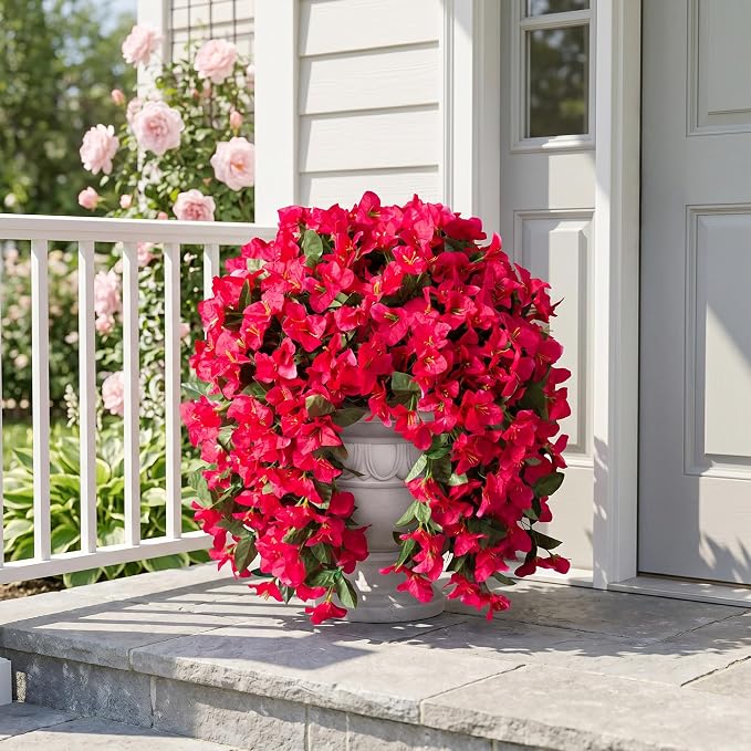 Faux Bougainvillea Artificial Flowers Plants for Outdoors Outside Decoration, 2 PCS Fake Flowers Silk Long Trailing Vines UV Resistant Realistic for Front Door Porch Planter Urn Patio Balcony Hot Pink