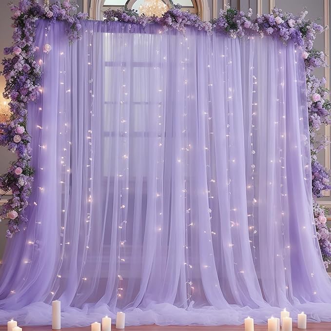 10x10ft Purple Tulle Backdrop Curtain with Lights String for Parites, Sheer Photo Backdrop Curtains for Wedding Baby Shower Birthday Party Photo Shoot Decorations
