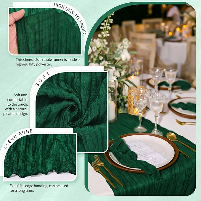 2 Pack Cheesecloth Table Runner 10FT Emerald Green Table Runner Boho Gauze Cheese Cloth Table Runners Long Rustic Sheer Table Decorations for Wedding Party Baby Bridal Shower Birthday Holiday Home