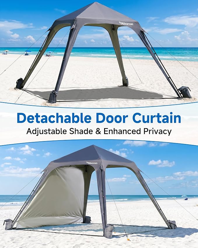Slsy Beach Tent 10 x 10 FT, Beach Shelter with Removable Side Wall, UPF 50+ Canopy Cabana for Sun Protection, Easy Setup Shade with Sandbags, Stakes & Guy Lines, Wind Resistant, Fits 6-8 People