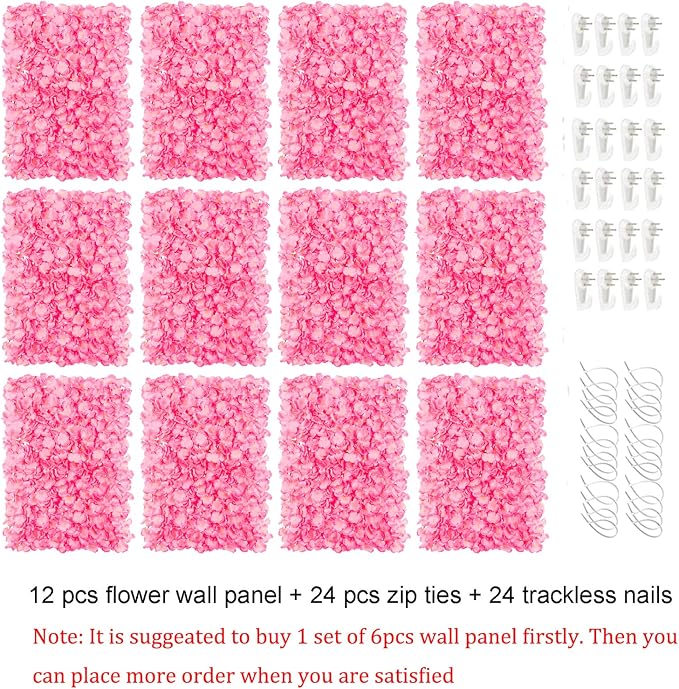 BLOSMON Flower Wall Panel Backdrop - 12 Pcs 24 x 16 Inch Pink Artificial Hydrangea Floral Backdrop for Wedding Party Baby Bridal Shower Decor, Hanging Fake Silk Flower Backdrop Decoration