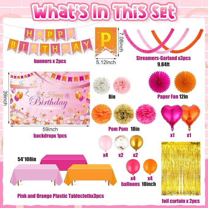 Huwena Pink and Orange Party Decorations Hot Pink and Orange Birthday Decorations with Banner Balloons Garlands Heart Foil Paper Flowers Paper Fans Fringe Curtains Tablecloths Backdrop for Women Girls