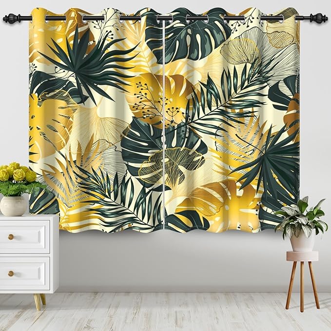 Green and Gold Leaves Blackout Curtains Tropical Jungle Plants Gold Palm Leaf Window Curtains for Bedroom Living Room Home Decor Palm Leaves Botanical Decorative Drapes,53x72 inch,2 Panels