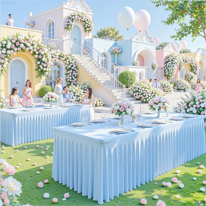 2 Pack Baby Blue Table Cloth for 8 Foot Rectangle Tables Spandex Fitted Tablecloth 8ft Stretch Table Covers Skirt Baby Blue Banquet Tablecloths Wrinkle Free Tablecloth for Party Wedding Birthday Event