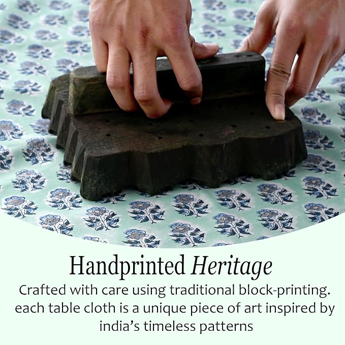CPC Tablecloth 100% Cotton 70x118 Inch Indian Block Print Rectangle Table Cover, Washable Table Cloth for Weddings, Spring/Summer, Barbeque - Poppy Blue