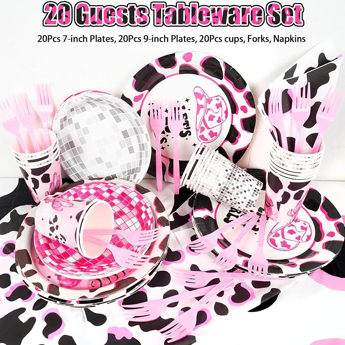 185Pcs Cowgirl Birthday Party Decorations Supplies - Includes 20 Guests Tableware Set and Birthday Banner Backdrop Foil Balloons Stand Cake Toppers for Western Disco Cowgirl Party Decor