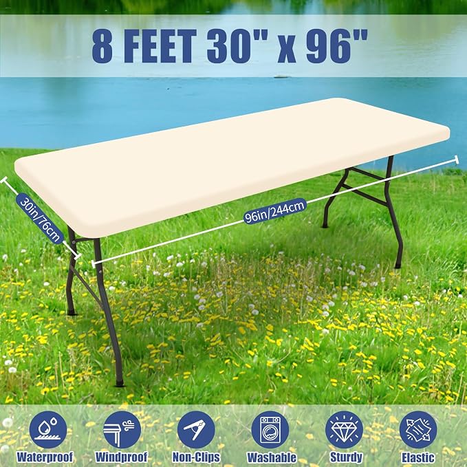 Moosfor Spandex 8 Foot Rectangle Table Cloth 4 Pack, Elastic Fitted Tablecloths for Picnic, Stretch Washable Patio Table Cover for Outdoor, Camping, Banquet and Parties (Beige, 30"x96")