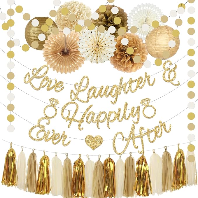 Bridal Shower Decorations,Gold Glitter Bridal Shower Decorations includes Love Laughter Happily Ever After Decorations Paper Flower Ball Wedding Decorations for Home Party Bachelorette Party Supplies