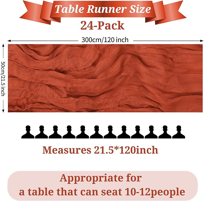 24 Pack Terracotta Cheesecloth Table Runner, 10FT Cheesecloth Rustic Boho Table Runner Long Romantic Semi Sheer Table Runner for Wedding Baby Shower Birthday Bridal Party Decorations(21.5×120 Inch)