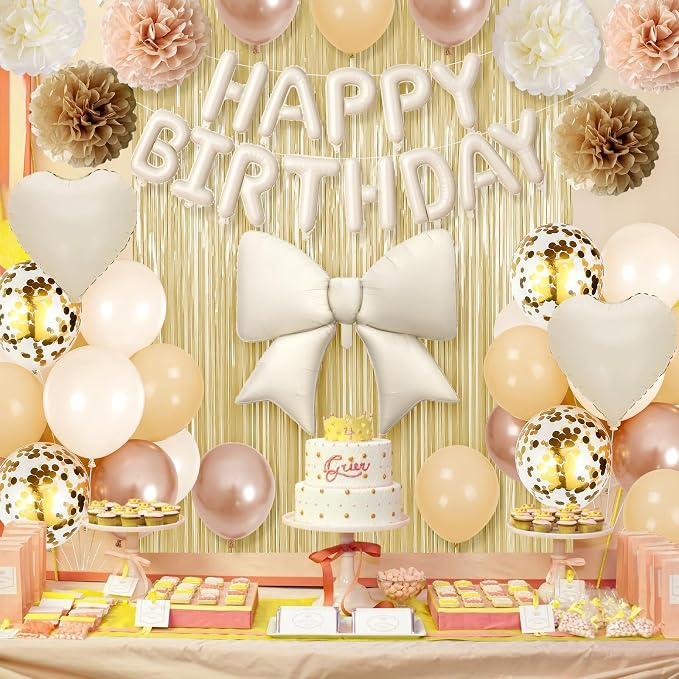 White Sand and Gold Birthday Decorations for Women Girls, Happy Birthday Balloon Banner with Bow and Heart Foil Balloons Fringe Curtain Tissue Paper Pompoms Garland Party Supplies