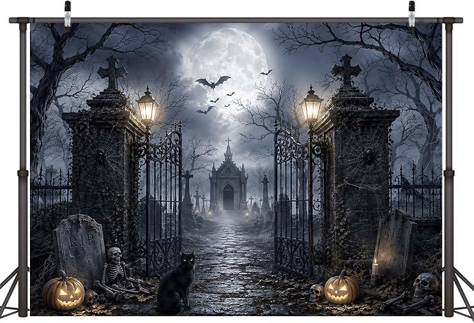 20x10ft Halloween Backdrop Spooky Cemetery Castle Full Moon Pumpkin Black Cat Skeleton Photography Background, Horror Fall Party Decor Photo Booth Props, Kids Birthday Studio Wall Decor Banner