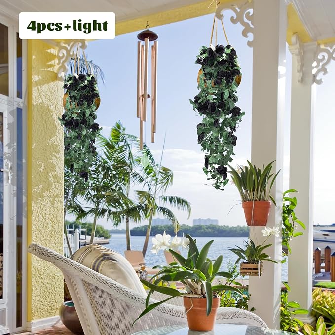 RECUTMS Artificial Black Rose Hanging Flowers Plants, 4 PCS 3.3Ft Fake Floral Halloween Garlands for Home Window Front Porch Garden Wedding Backdrop Wall Hanging Victorian Indoor Outdoor Party