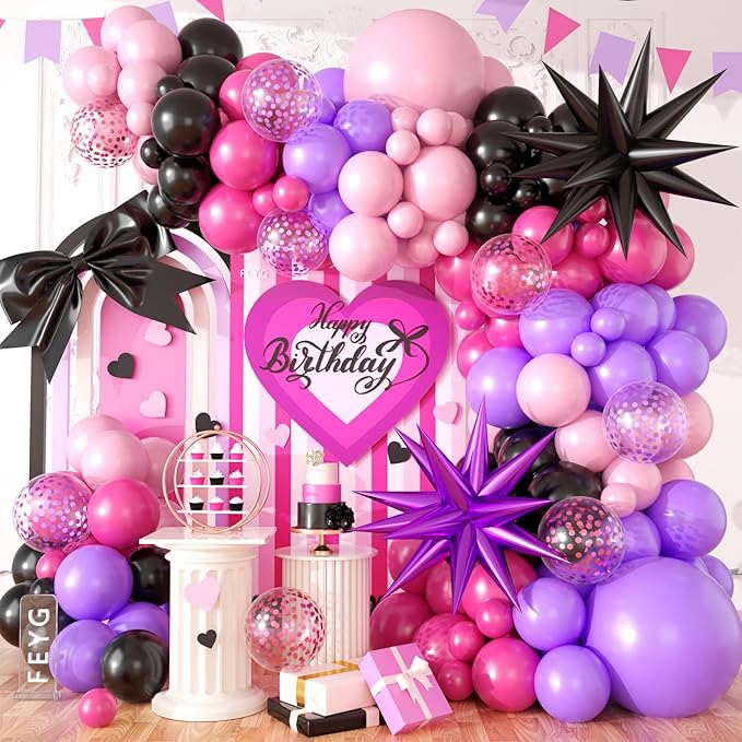 Hot Pink and Purple Balloon Arch Kit, Black Hot Pink Purple Balloons Garland Kit Latex Party Balloons with Confetti Balloon Star Balloons for Girls Birthday Party Baby Shower Party Decoration