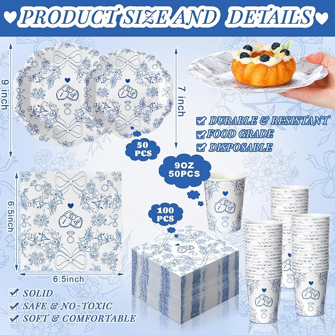 Newtay 250 Pcs Something Blue Disposable Plates and Napkins Bridal Shower Party Tableware Setting for 50 Guests Bachelorette Wedding Party Napkins and Cups Engagement Supplies