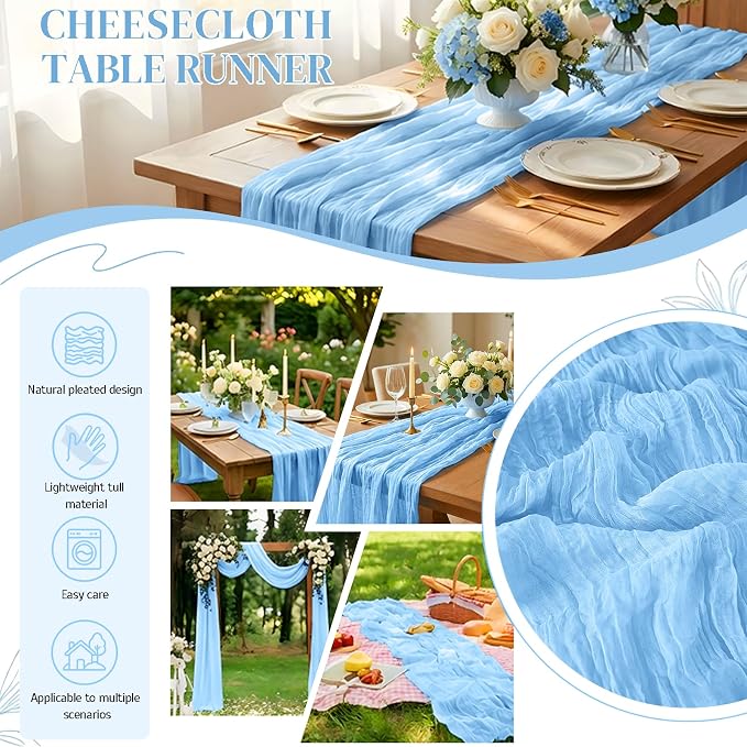 12 Pack Light Blue Cheesecloth Table Runner 21x120 Inches, Boho Gauze Rustic Semi Sheer Cheese Cloth Table Runners for Easter Wedding Bridal Baby Shower, Birthday Party, Long Farmhouse Table Decor