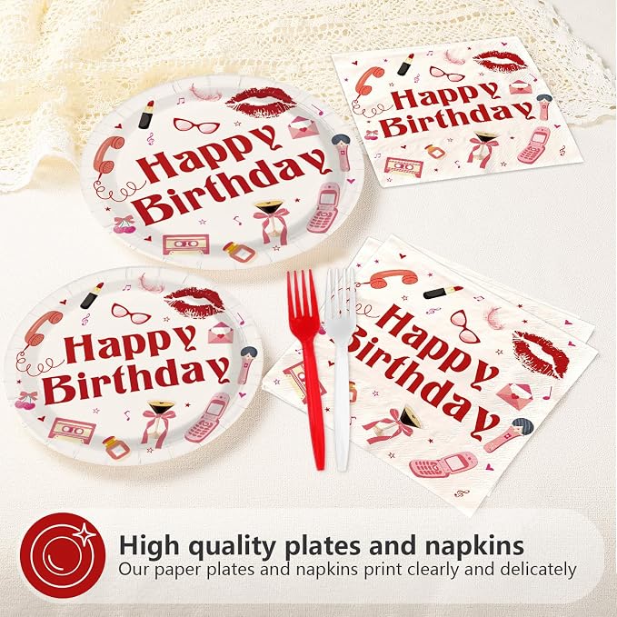 96Pcs Music Singer Happy Birthday Decorations Red lip Pink Bow Y2k Plates and Napkins Disposable Red Music Lovers Paper Tableware for Girls Women Singer Fans Birthday Bday Party Supplies Serves 24