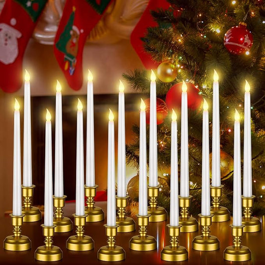 Fumete 16 Pcs Flameless Candles with Gold Base Battery Powered Taper White Candles Battery Operated LED Candlesticks for Party Home Dinner Decorations