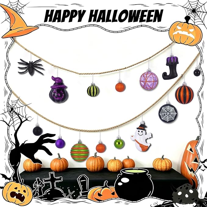 50Pcs Halloween Hanging Ball Ornaments, Ornaments Tree Decorations, Shatterproof Plastic Balls for Cute Holiday Party Indoor Home Decor (50Pcs)