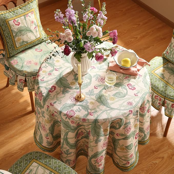 patdrea Vintage French Linen Tablecloth,Round,Diameter 67"-Cecilia A | Colorful Elegant Table Cloth for Round Table,Floral Vine Patterned,for Dining Room Tea Party Thanksgiving