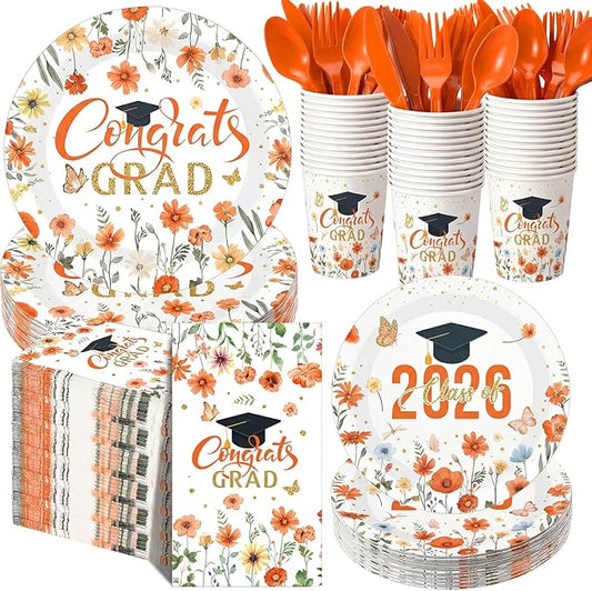 400 Pcs Class of 2026 Orange Floral Graduation Decoration for 50 Guest, Orange Gold Flower Graduation Paper Plates Napkins Cups Cutlery Grad Tableware for 2026 Congrats Grad Party Supply