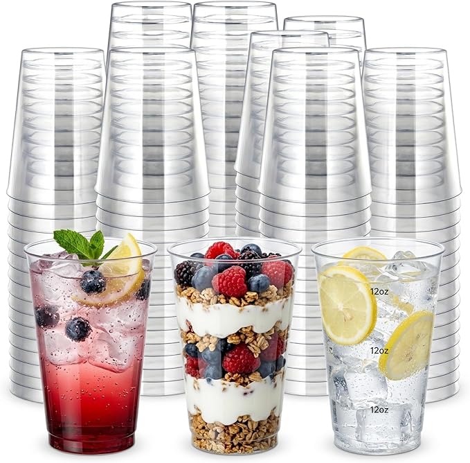 Byvivace 100Counts 12 OZ. Hard Plastic Cups Fancy Disposable Cups for Party, 12 Ounce Clear Elegant Wedding Cups Disposable Wine Glasses for Parties
