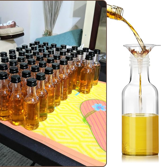 YZXODN 50 Pack 1.7oz Mini Liquor Bottles with Labels, Plastic Alcohol Bottles, Airtight Shot Bottles, Little Spirit Bottle with Funnel Black Caps, Hot Sauce Bottle for Cocktail, Party Favors, Weddings