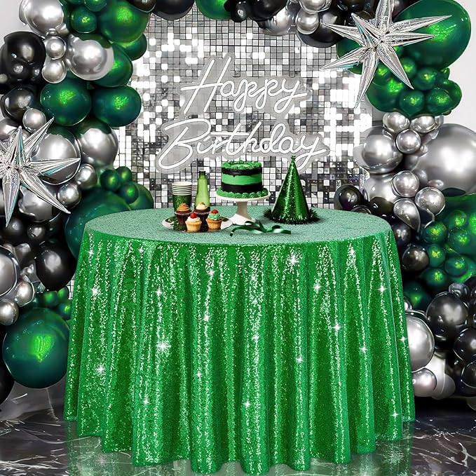 B-COOL Round Tablecloth Sequin Draping Decorations: 132 Inch Tablecloths Sequin Overlay Green Shimmer Fabric for Birthday Dinner Parties Christmas Decor
