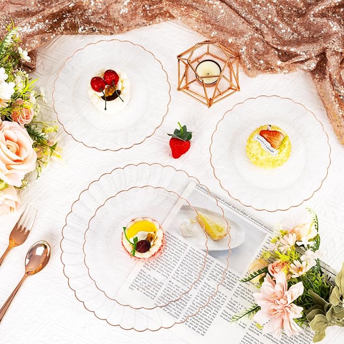 YOUBET 60PCS Rose Gold Plastic Plates - Scalloped Disposable Plates include 30 Dinner Plate, 30 Dessert Plate for Party & Wedding & Baby Shower