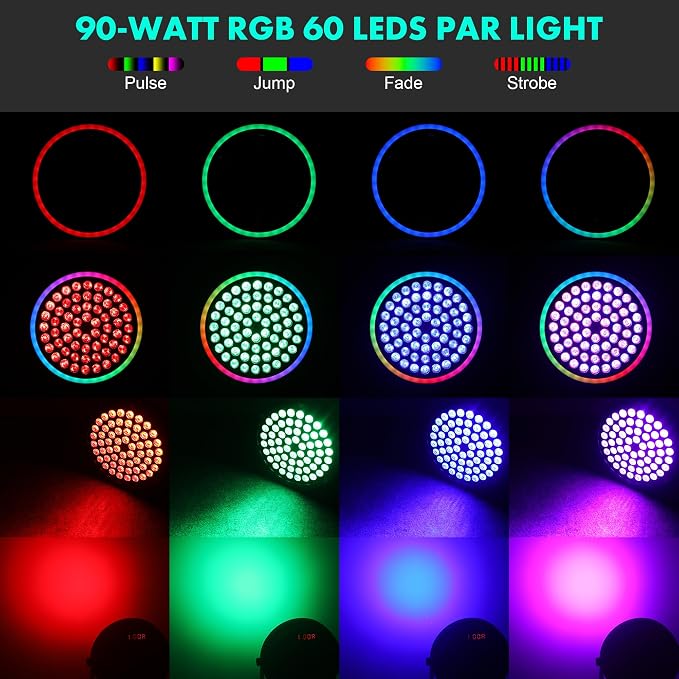 90W RGB Stage Par Lights with Ambient Light Strip - Dual Layer Halo Effect, DMX512 & Sound Activation, 60 LEDs Uplight for Wedding Party DJ Church Concert Indoor (4 Pack)