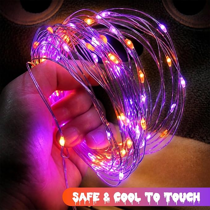 YEGUO Fairy Lights Battery Operated, 6 Packs Each 16ft 50 LED String Lights, 2 Modes Silver Wire Christmas Twinkle Light Indoor for Halloween Bedroom Wedding Party Holiday Gift(Orange and Purple)