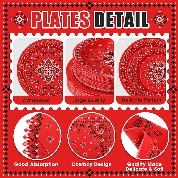 Funnymoom 400 Pcs Western Cowboy Party Supplies for 50 Guests Red Bandana Western Paper Plates and Napkins Knives Spoon Fork Cup Disposable Paisley Farm Dinner Party Set for Baby Shower Birthday