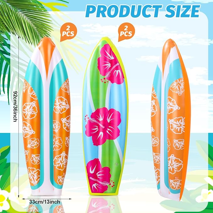 JellyArch 4 Pcs Inflatable Surf Board 36 Inch Inflatable Pool Floats Luau Hawaiian Party Decorations Tropical Flower Blow up Surfboard for Wall Beach Party Decorations