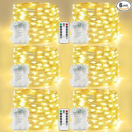 6 Pack Fairy Lights Battery Operated with Remote, 120LED 40FT Twinkle Lights Waterproof Outdoor Indoor Decor, 8 Modes Battery String Light Timer for Christmas Party Birthday Home DIY Décor(Warm White)