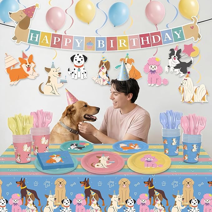203pcs Retro Puppy Party Decorations Plates Napkins Pet Dog Birthday Party Supplies Retro Puppy Paper Cups Balloon Banner Hanging Swirls Tablecloths for Disposable Dog Birthday Tableware Set Serve 24