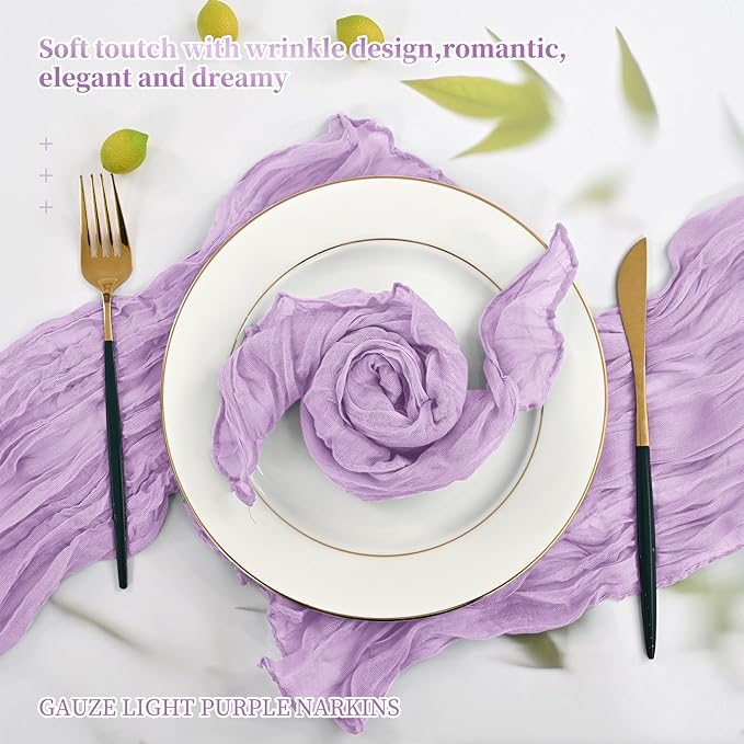 60 PCS Light Purple Gauze Cheesecloth Napkins,20x20 Inch Cotton Napkin Rustic Wrinkled Cloth Napkin Bulk Washable Dinner Table Napkins for Wedding Party Bridal Shower Baby Shower Events Decor