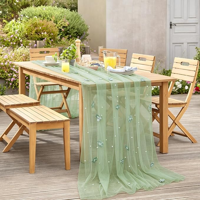 BINBE Flower Pearl Table Runner Spring Summer Rustic Boho 10ft Tulle Table Runner for Baby Shower Wedding Veil Holiday Dessert Table Decor Green