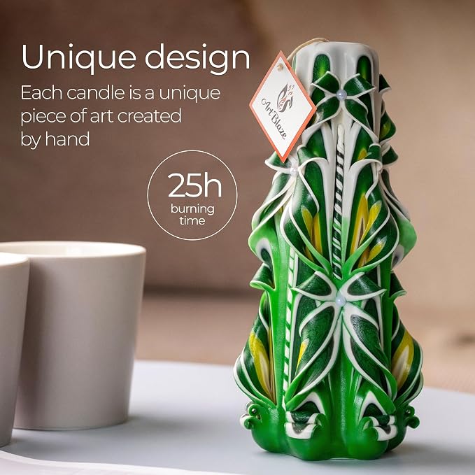 Carved Candles - Handmade Long Burning Decorative Luxury Candles - Unscented - Perfect for Home Decor, Birthdays, Romantic Occasions, Gifts for Women, Christmas Gift for Mom - Big Green