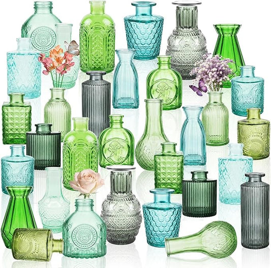 32 PCS Assorted Vintage Bud Vases, Colorful Glass Small Vases Bulk, for Centerpieces, Wedding Table Decor, Home Decorations & Gifts (Green Series)