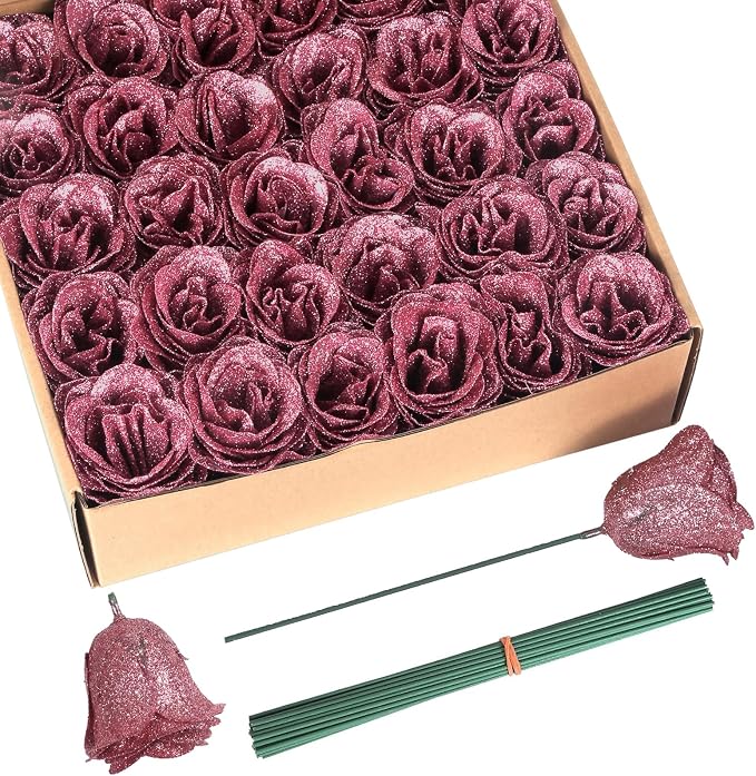 Rose Gold Flowers, 30PCS Glitter Roses Bouquet Artificial Roses with Stems for Crafts Wedding Bouquet Party Home Decor(Rose Gold)