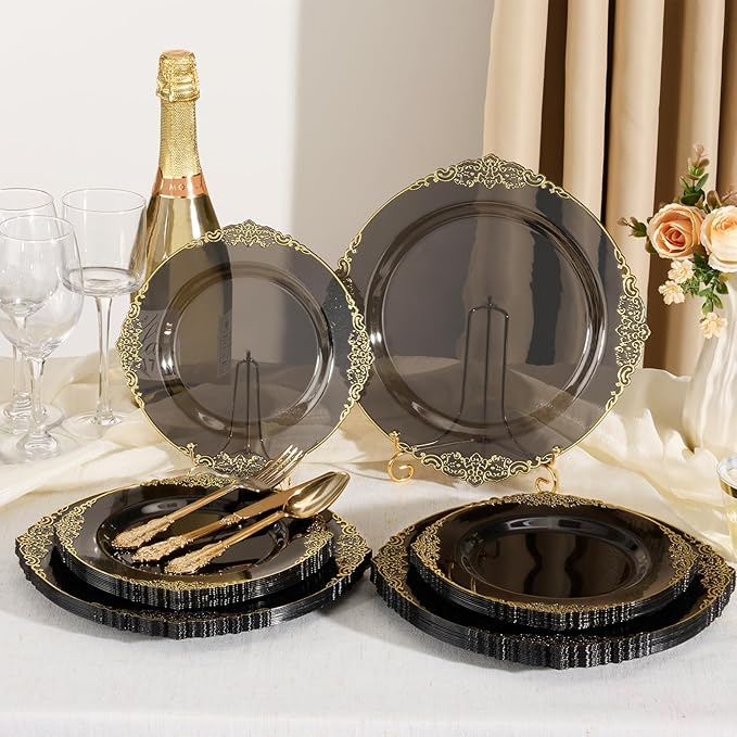 Goodluck 250 PCS Vintage Translucent Black & Gold Rim Plastic Plates with Cutlery Set - Serves 50 - Heavy Duty Elegant Disposable Dinnerware for New Years Eve, Halloween, Gatsby Party