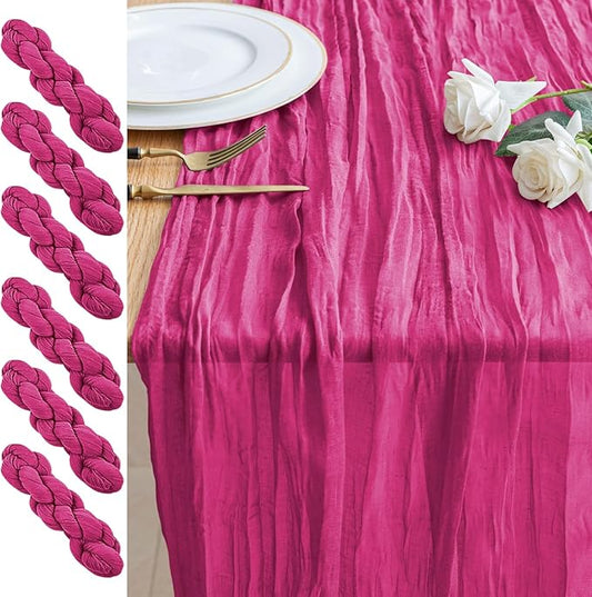 6PCS Table Runner Cheesecloth 10FT Fuchsia Boho Gauze Cheese Cloth Rustic Sheer Table Runners for Wedding Birthday Bridal Baby Shower Party Decoration